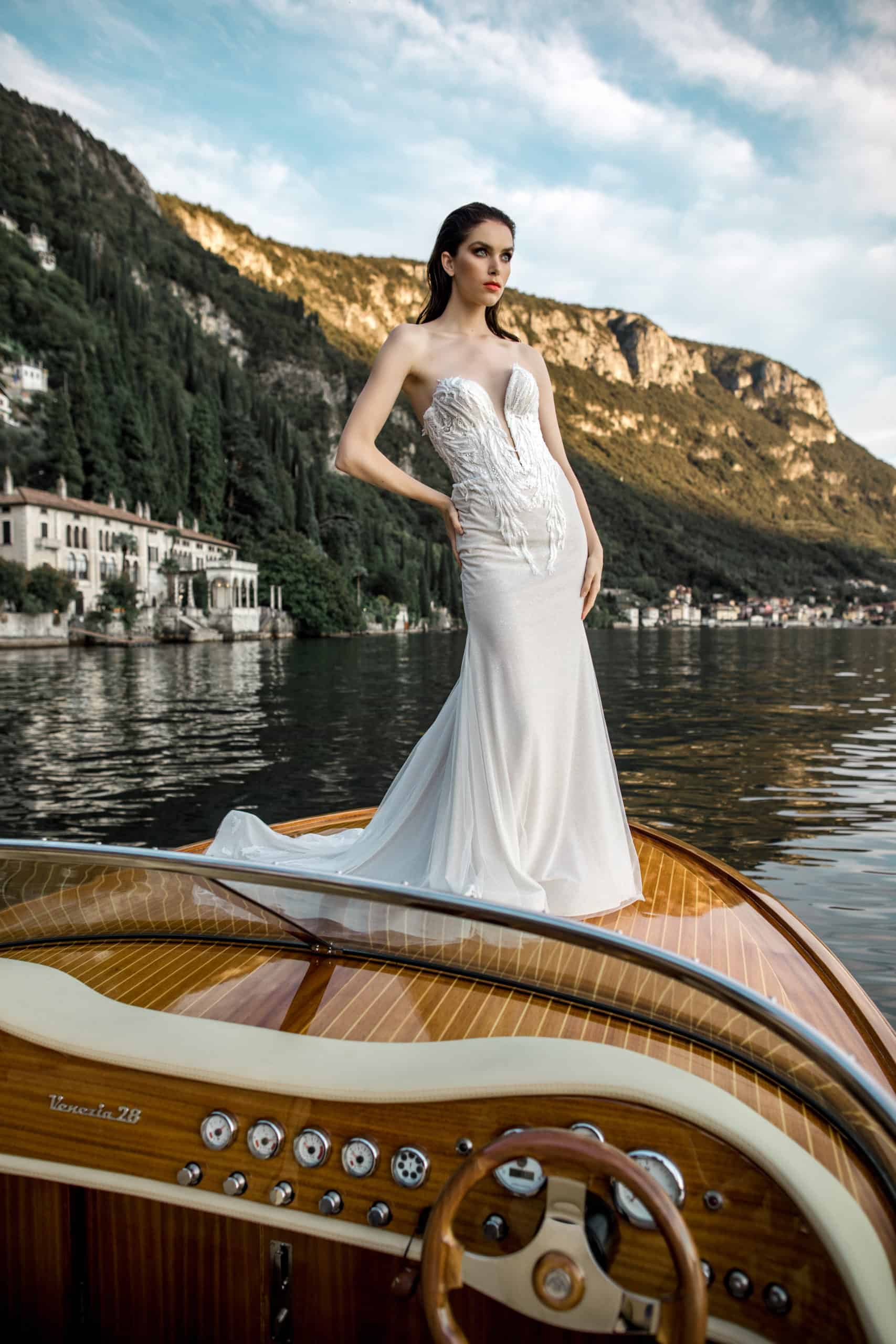 Lilly Red Photography captures bridal model wearing Ari Villoso wedding gown during Lake Como styled shoot