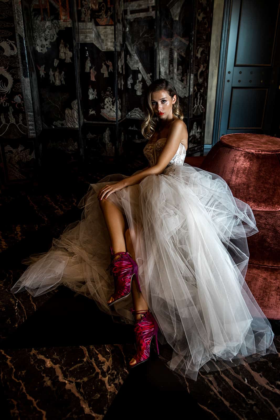 Model wears Berta wedding dress during Rome wedding styled session