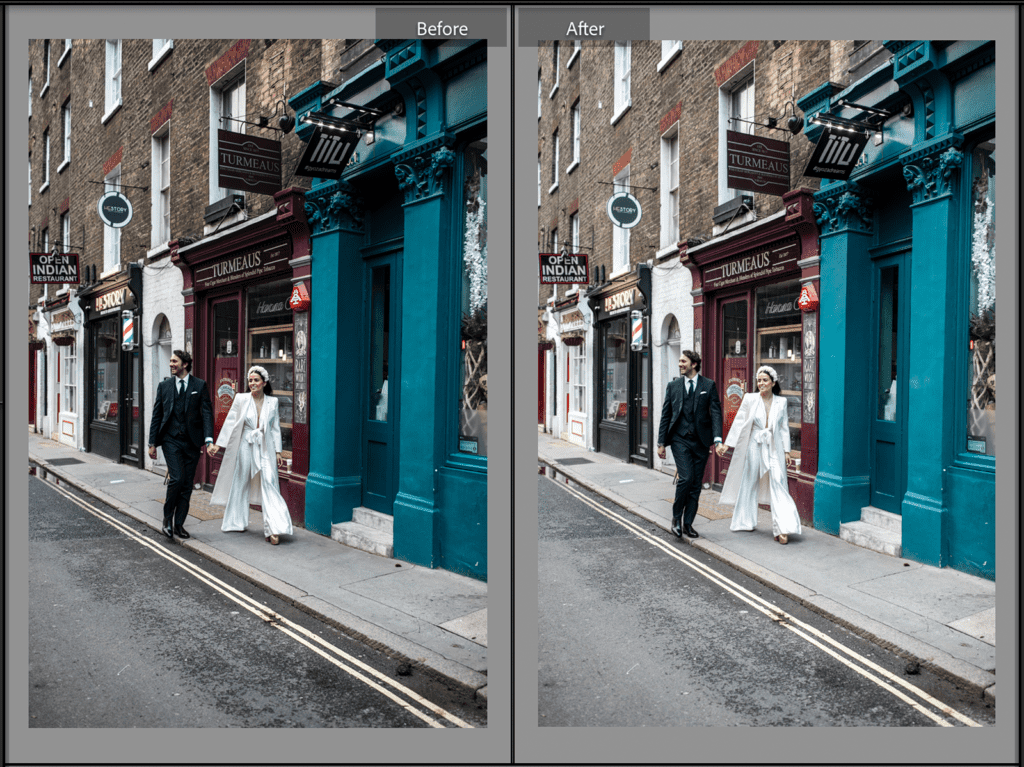 Lightroom workflow shows exposure in wedding photographs before setting and after setting