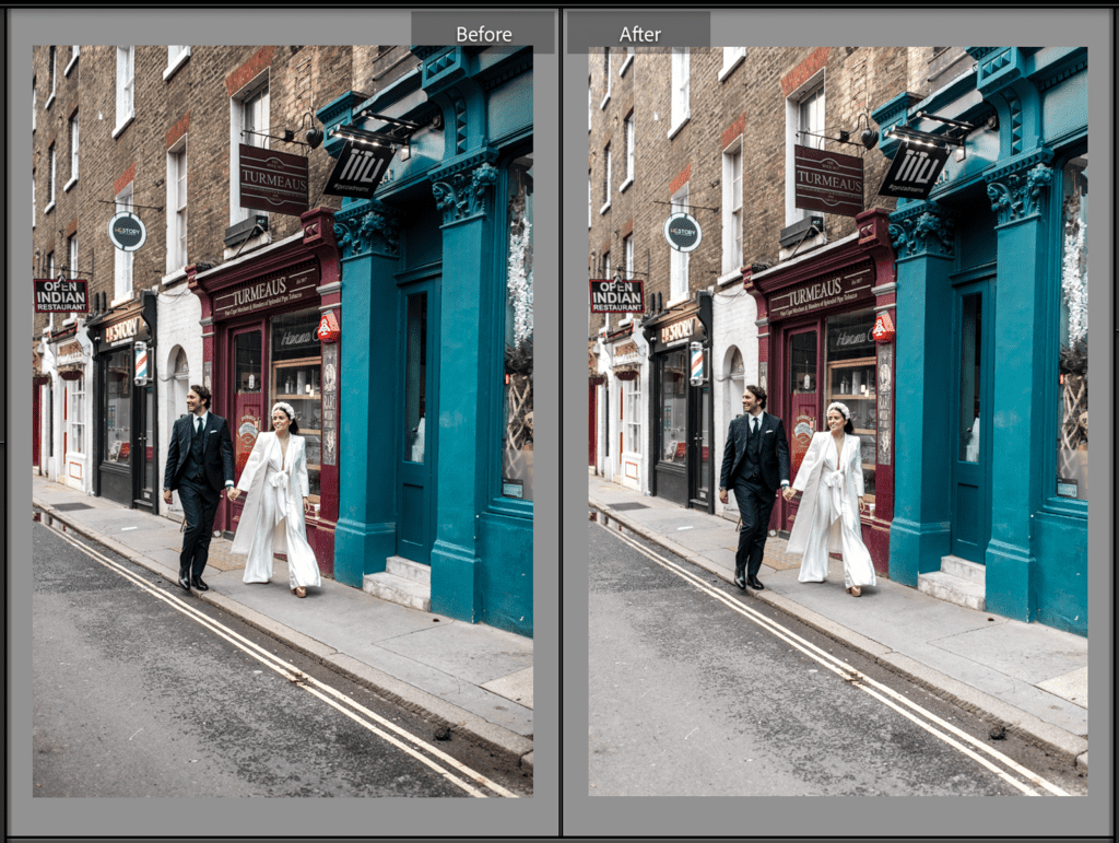 Photographs in Lightroom showing difference between lens correction settings applied