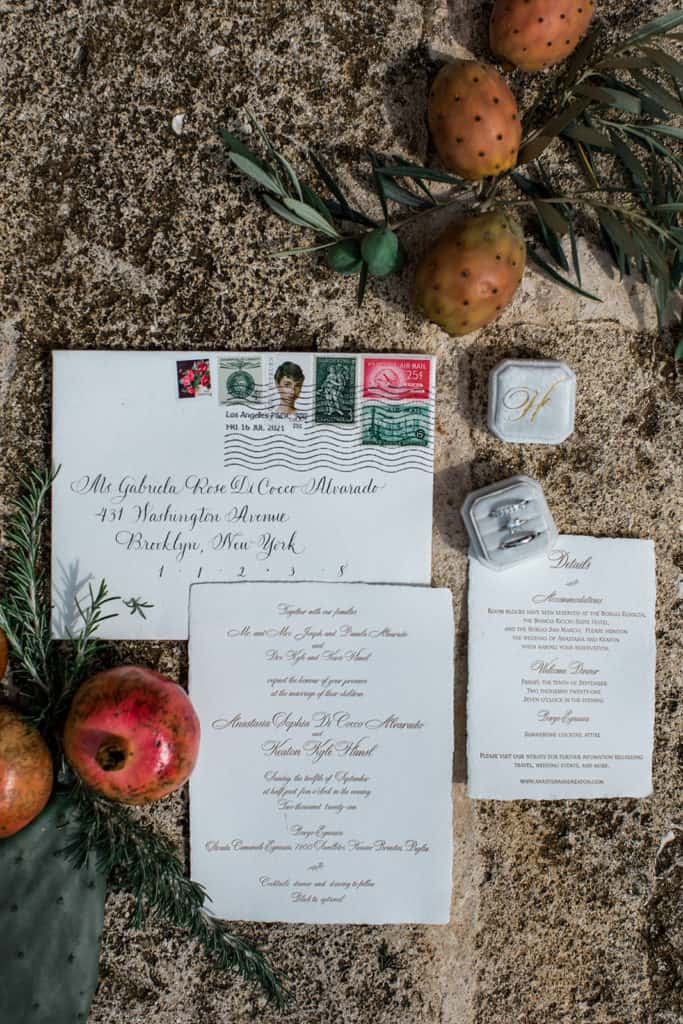 Wedding invitation details with cactus leaves and fruits from a Puglia Italy wedding