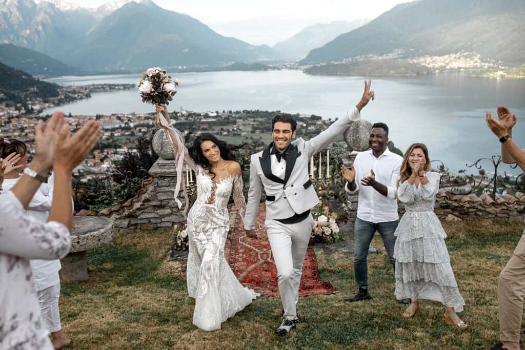 Bride and groom exit elopement ceremony in Lake Como, Italy