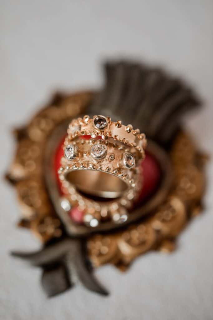 Detailed photo of wedding rings after photographer used flat lay photography tips