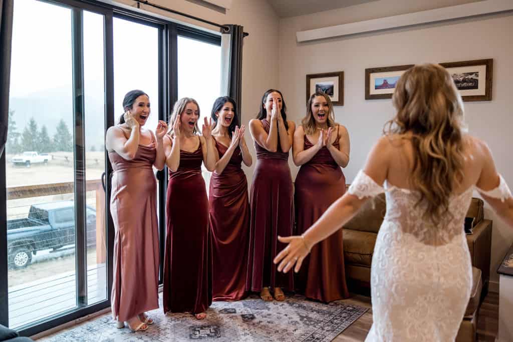 Bride shares wedding first look with her bridesmaids