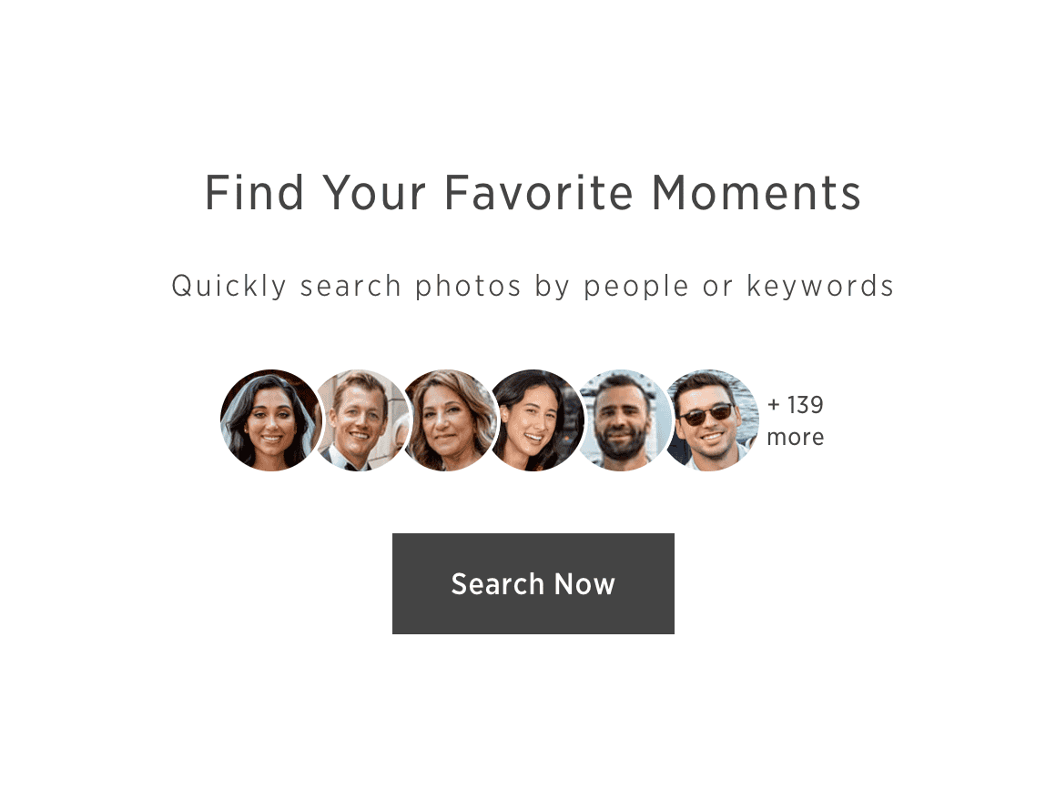 Pic-Time's AI search function makes it easy to find photos based on faces or keywords